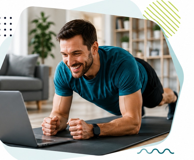 Man joining a live online fitness class from home